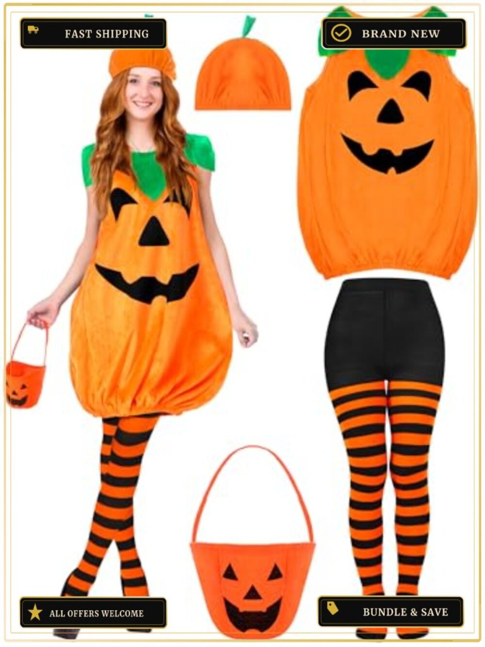 4 Pc Halloween Pumpkin Costume Set for Women Adult Cosplay Sleeveless Dress Hat